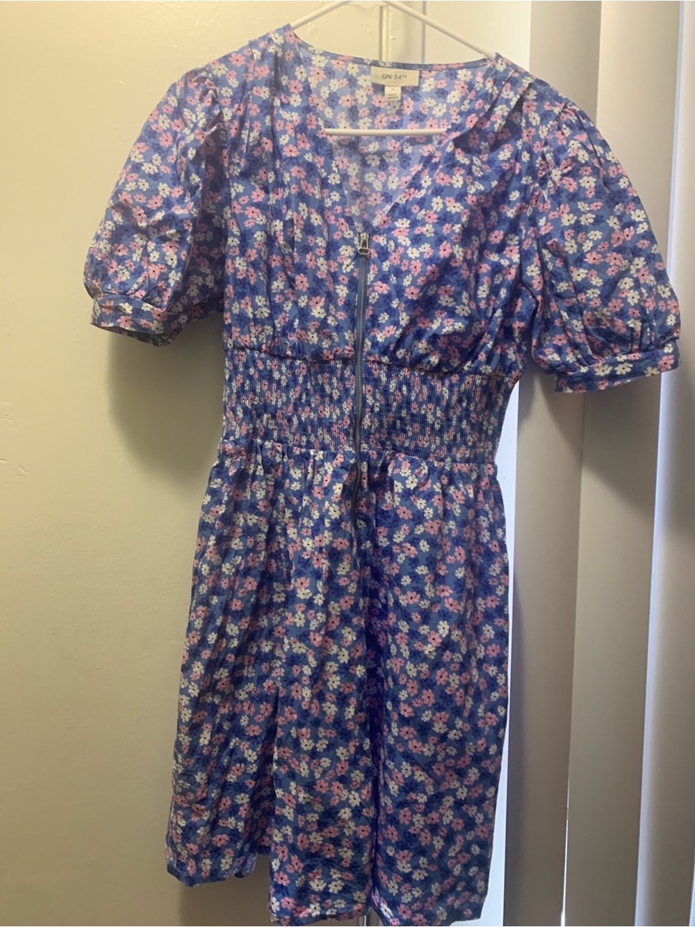 Blue Floral Zip-Front Puff Sleeve Dress